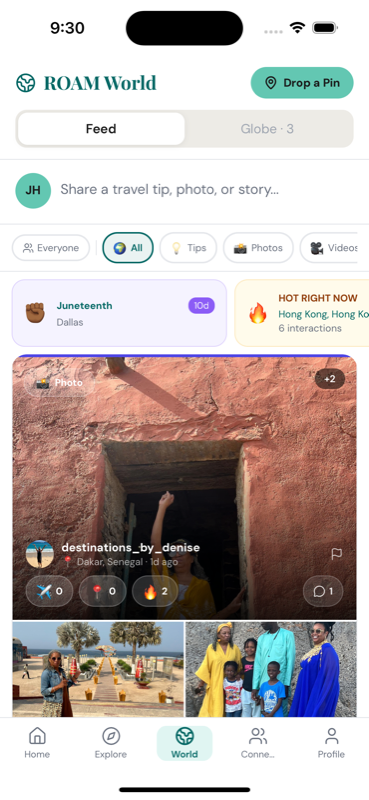 ROAM World community feed screen